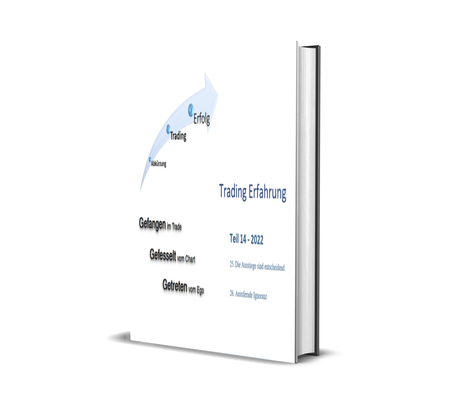 Das Bild zeigt ein Buchdeckblatt mit dem Titel 'Trading Erfahrung' und einen Pfeil, der die Schritte Abkürzung, Trading und Erfolg verbindet. Es enthält Text in deutscher Sprache, vermutlich eine Reihe von Tipps oder Kapiteln über Trading, inklusive Nummern 14 bis 2022 und Unterpunkten.