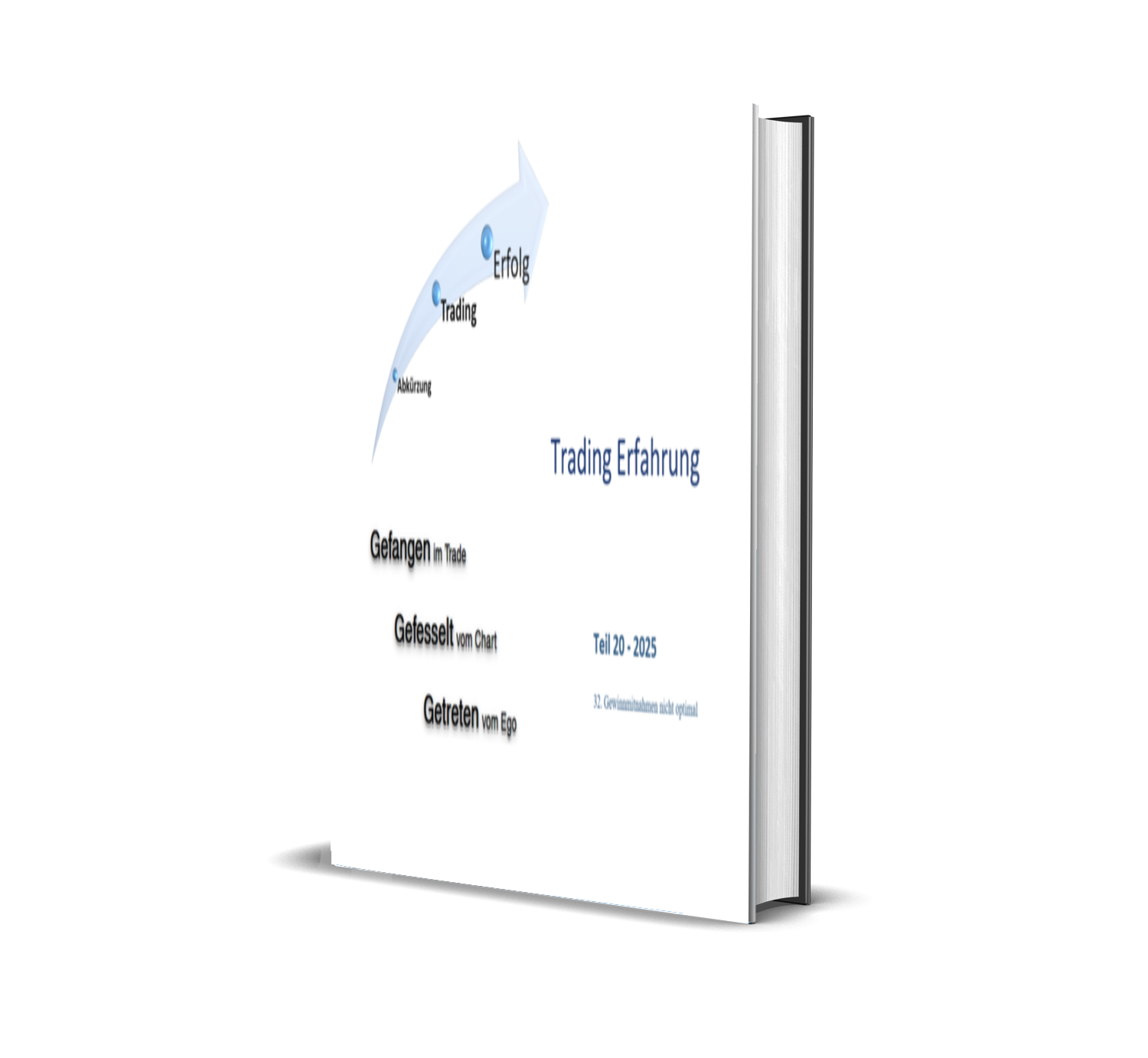 Buchcover mit dem Titel 'Trading Erfahrung', zeigt eine Fortschrittskurve mit den Punkten Abklären, Trading, Erfolg, sowie Texte 'Gefangen im Trade', 'Gefesselt vom Chart', 'Getrieben vom Ego'.