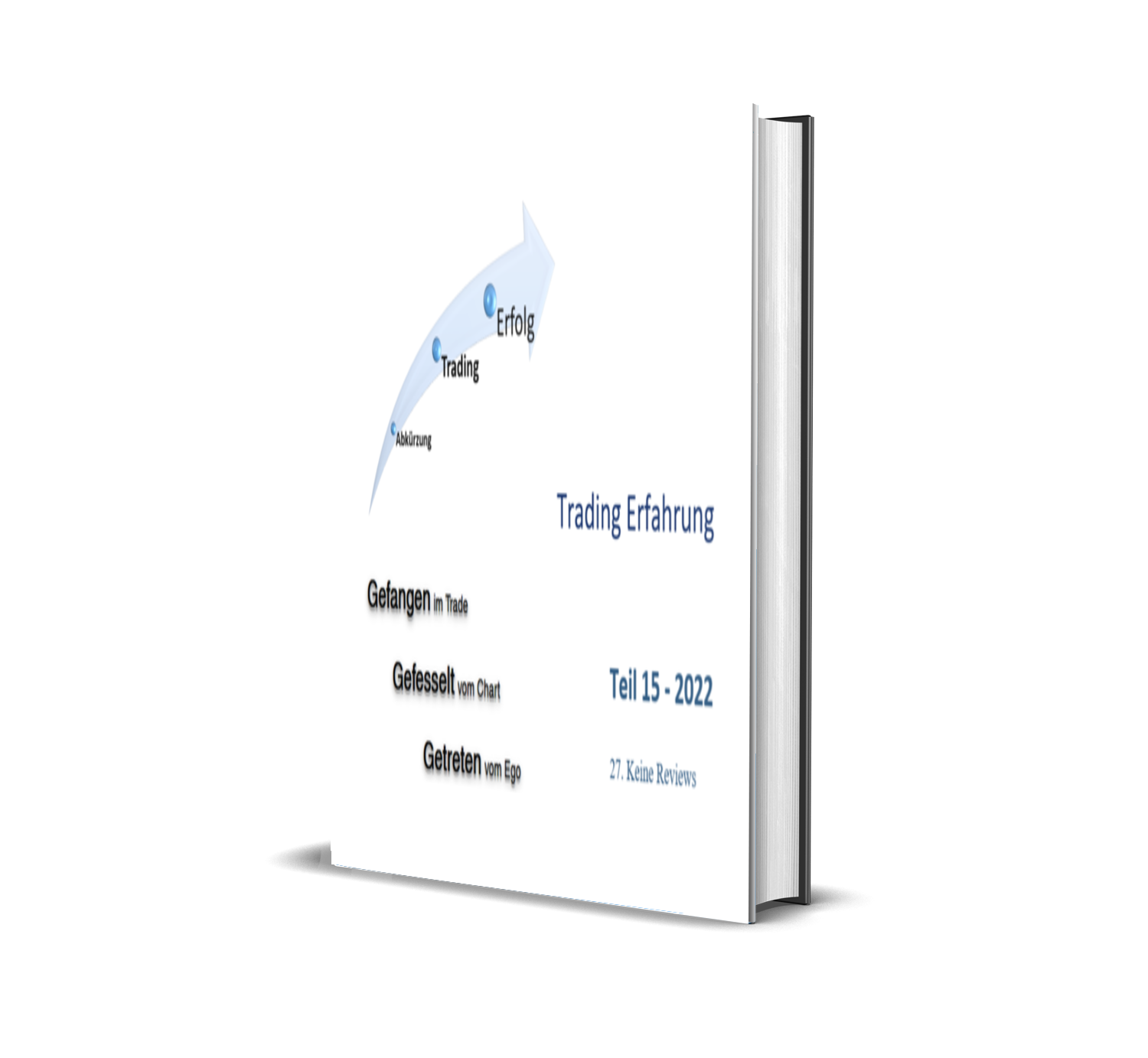 Buchcover mit Titel "Trading Erfahrung", Teil 15, 2022, mit einer aufsteigenden Pfeildiagramm und Stichpunkten zu den Phasen der Trading-Erfahrung: Abkürzung, Trading, Erfolg, Gefangen im Trade, Gefesselt vom Chart, Getreten vom Ego, außerdem Text "27. Keine Reviews".