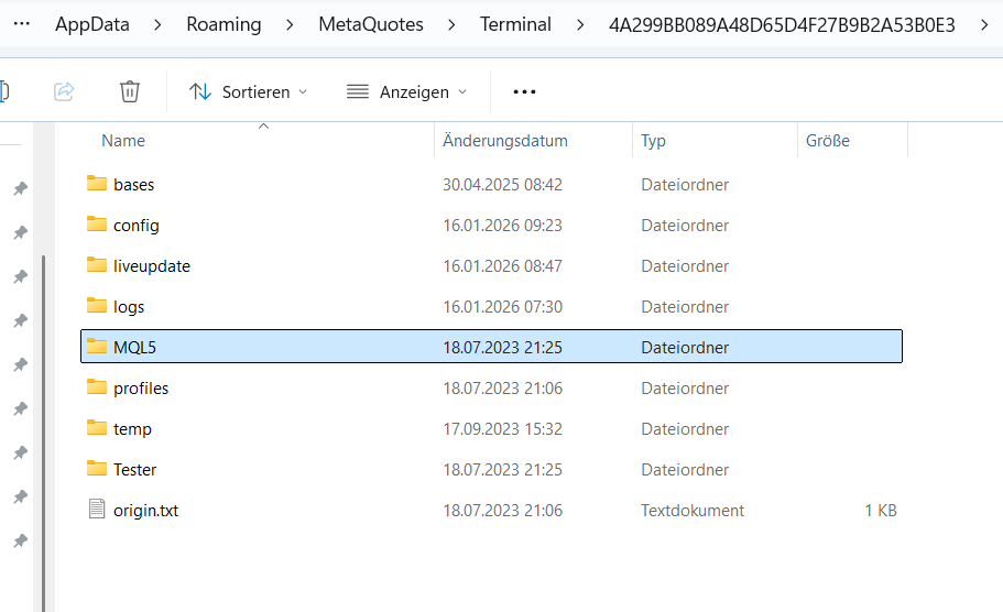 Dateimanager-Ordner mit Dateien und Unterordnern, inklusive Ordnern wie bases, config, liveupdate, logs, MQL5, profiles, temp, Tester, sowie der Datei origin.txt.