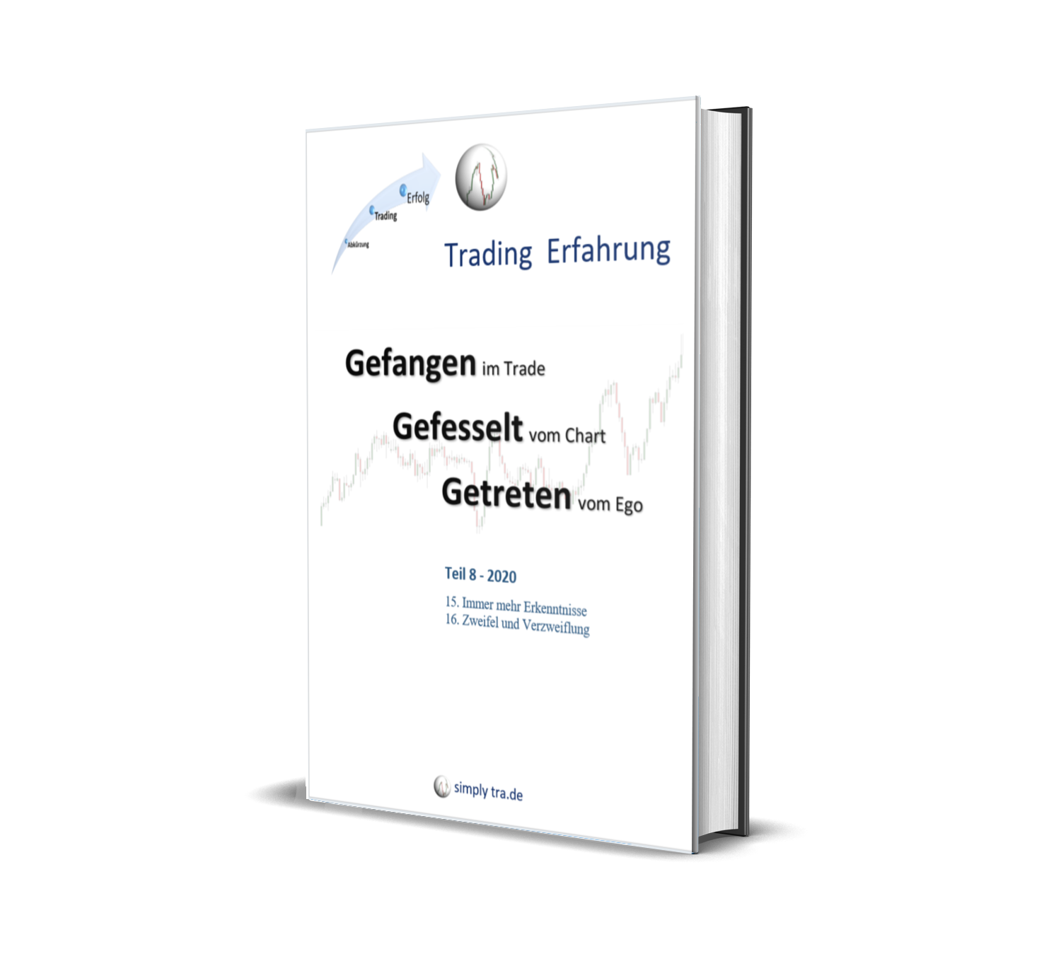 3D-Buchcover des Trading-Tagebuchs 'Gefangen im Trade' Teil 8 aus der ehrlichen Trading-Praxis von simplytra.de