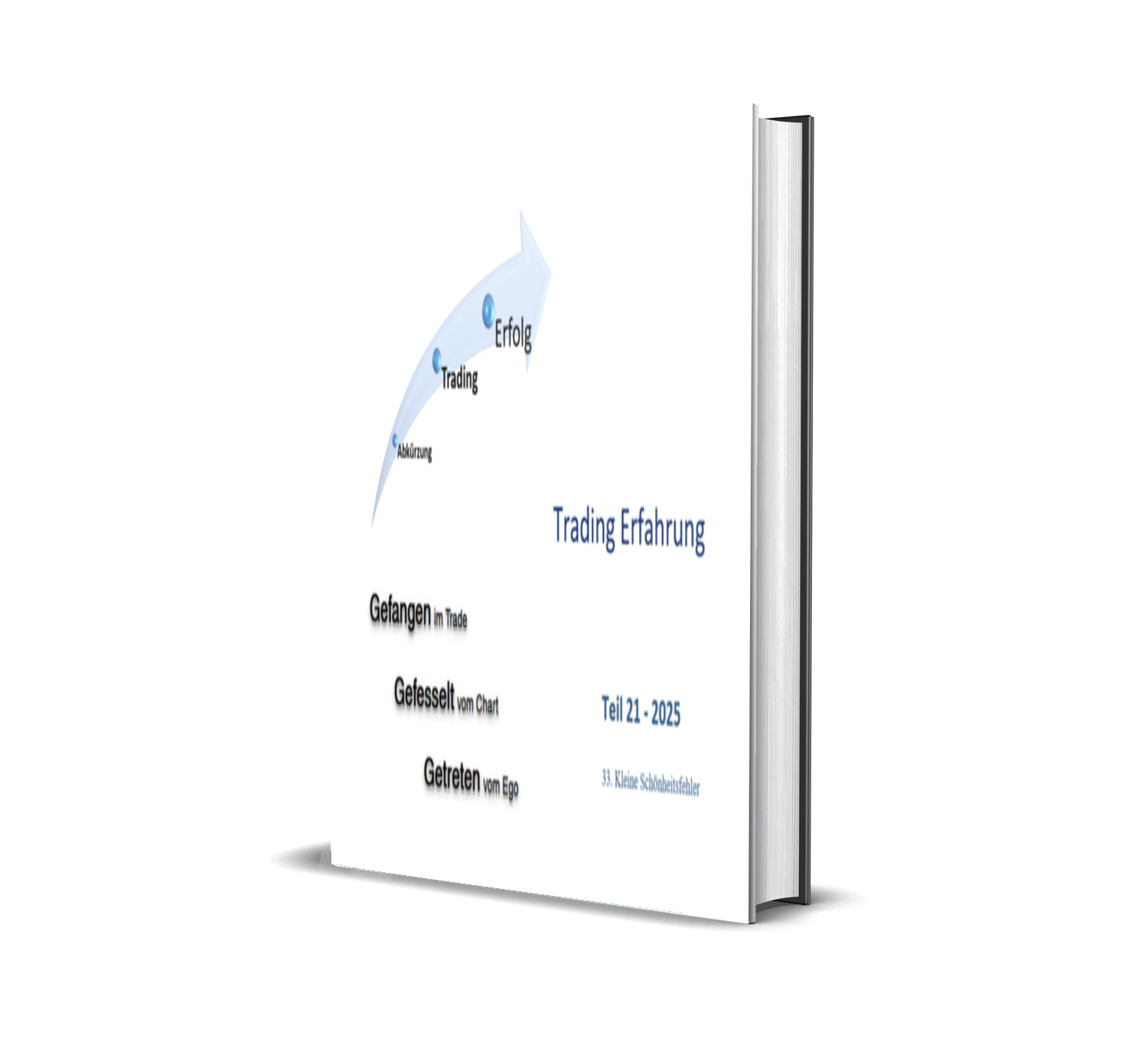 Buchumschlag mit Titel 'Trading Erfahrung', zeigt einen Weg mit den Stationen Abkürzung, Trading, Erfolg, sowie Texten wie 'Gefangen im Trade', 'Geteilt vom Chart', 'Getreten vom Ego' und Hinweise auf die Ausgabe 2025 und kleine Fehler.