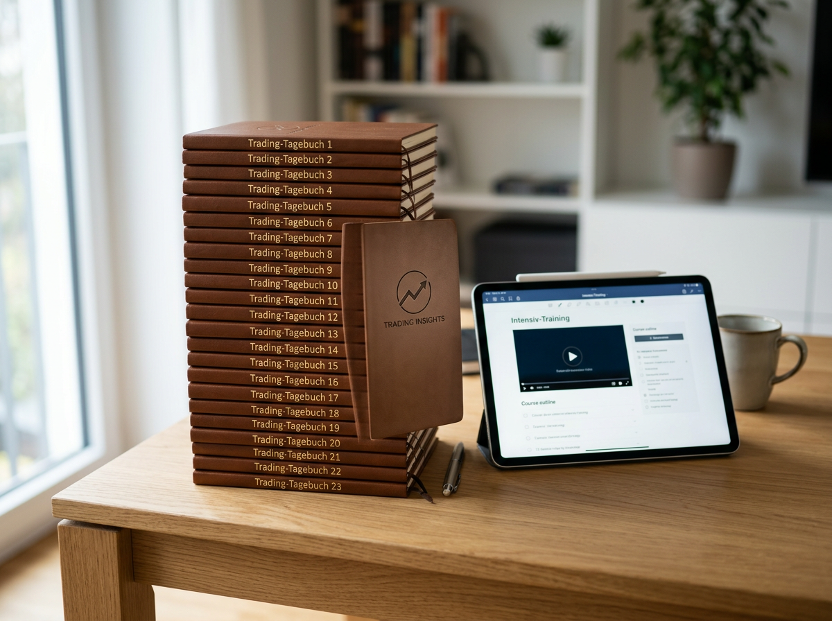 Das simplytrade VIP-Paket bestehend aus einem Stapel von 23 Trading-Tagebüchern und einem Tablet mit dem Trading-Intensiv-Training auf einem Schreibtisch