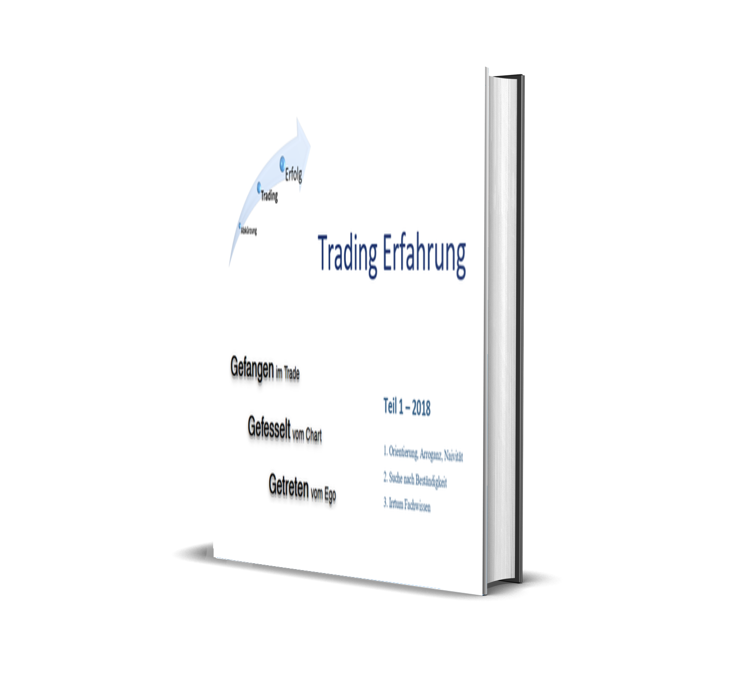 Buchcover mit dem Titel ‚Trading Erfahrung‘, enthält Untertitel ‚Gefangen im Trade, Gefesselt vom Chart, Getreten vom Ego‘, und informierende Inhalte wie ‚Teil 1 — 2018‘, ‚1. Orientierung, Arroganz, Navita‘, ‚2. Suche nach Bärenfalle‘ und ‚3. Intrum Fachwissen‘.