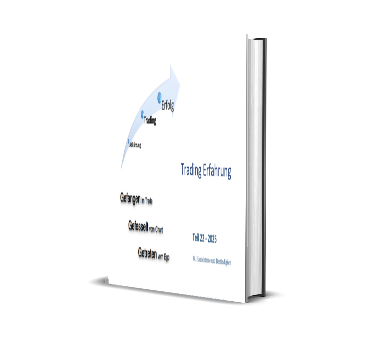 Buchcover mit Titel "Trading Erfahrung" und einem nach oben führenden Pfeil, auf dem Begriffe wie "Abkürzung", "Trading" und "Erfolg" stehen, sowie zusätzlichen Texten zu Gefangenen im Trade, vom Chart Gefesselten und vom Ego Getriebenen.