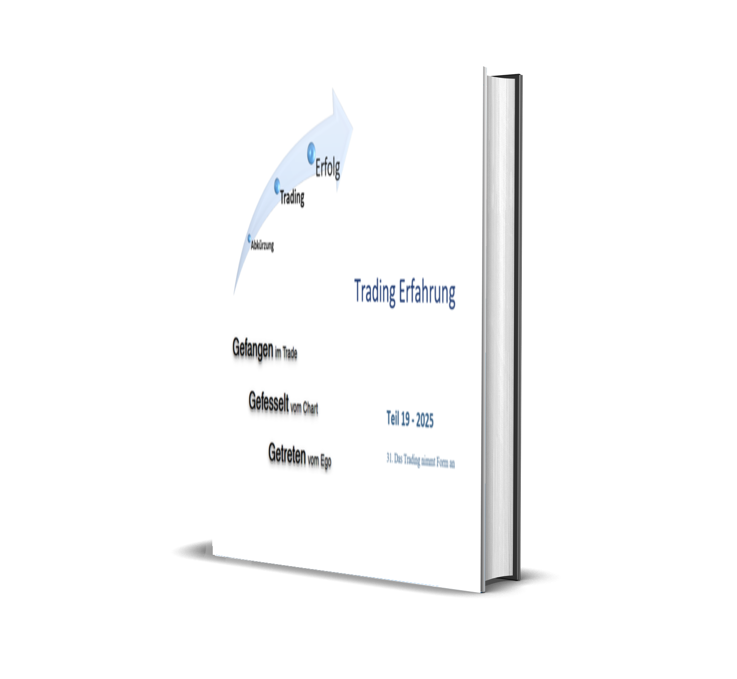 Buchcover mit Titel 'Trading Erfahrung', zeigt einen pathway mit Begriffen Abkürzung, Trading, Erfolg in aufsteigender Reihenfolge, und Text über Erfahrungen im Handel, Teil 19-2025, 31. Das Trading nimmt Form an.