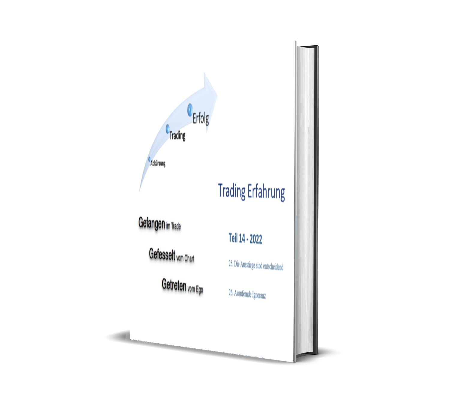 Buchcover mit Titel 'Trading Erfahrung', Teilenummer 14, Jahr 2022, mit Unterpunkten wie 25. Die Ausstiege sind entscheidend und 26. Ausbleibende Ignoranz, Design mit Pfeil und Texten auf Weiß.