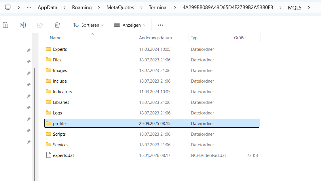 Ein Dateimanager zeigt den Inhalt eines Ordners, darunter Unterordner wie Experts, Files, Images, Include, Indicators, Libraries, Logs, profiles, Scripts, Services und eine Datei namens experts.dat.