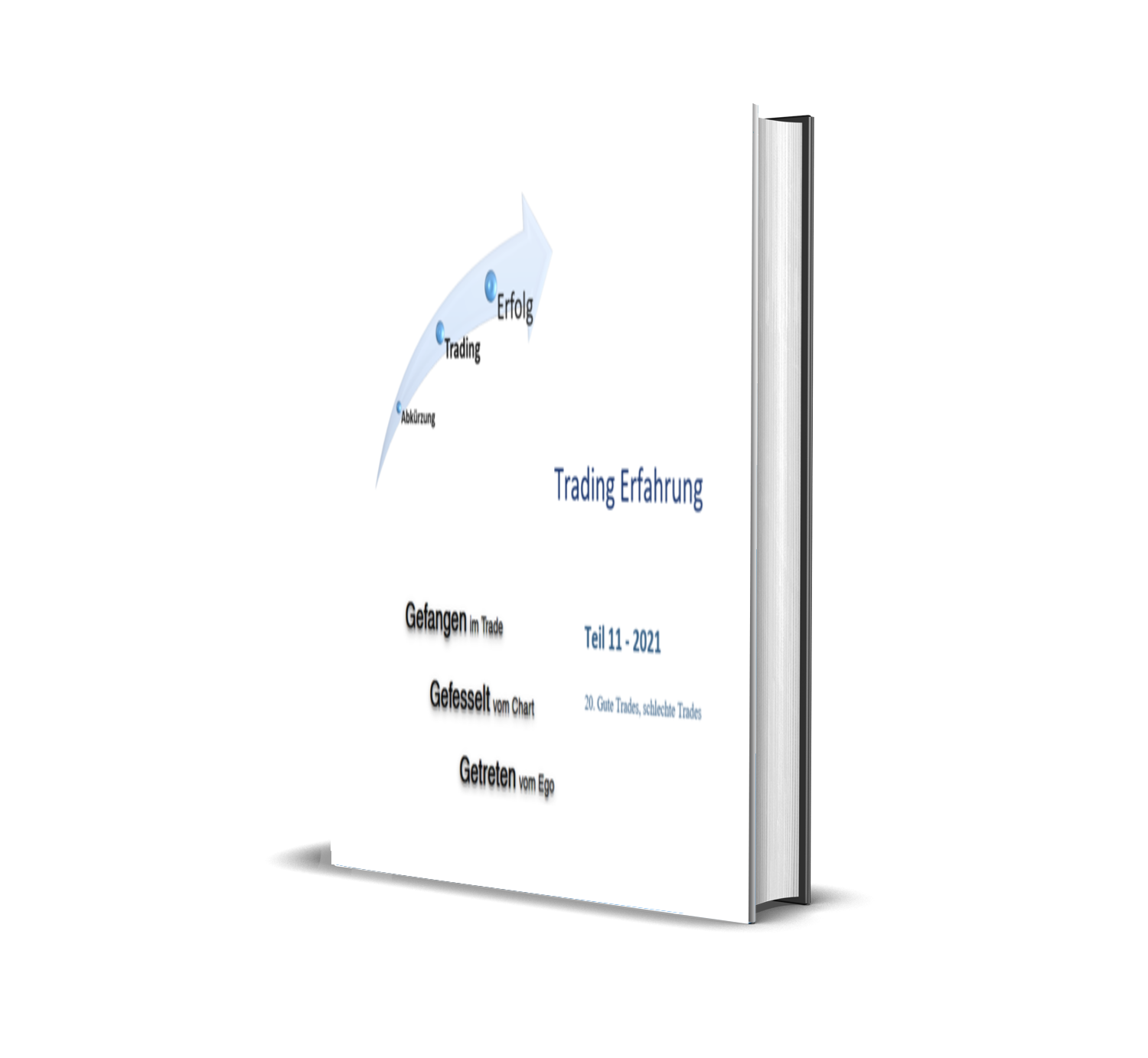 Cover eines Buches zum Thema Trading Erfahrung mit Titel, Untertitel und Ablauf. Graphischer Pfeil zeigt aufsteigende Erfolge im Trading, mit Stichpunkten wie 'Gefangen im Trade', 'Gefesselt vom Chart' und 'Getrieben vom Ego'.