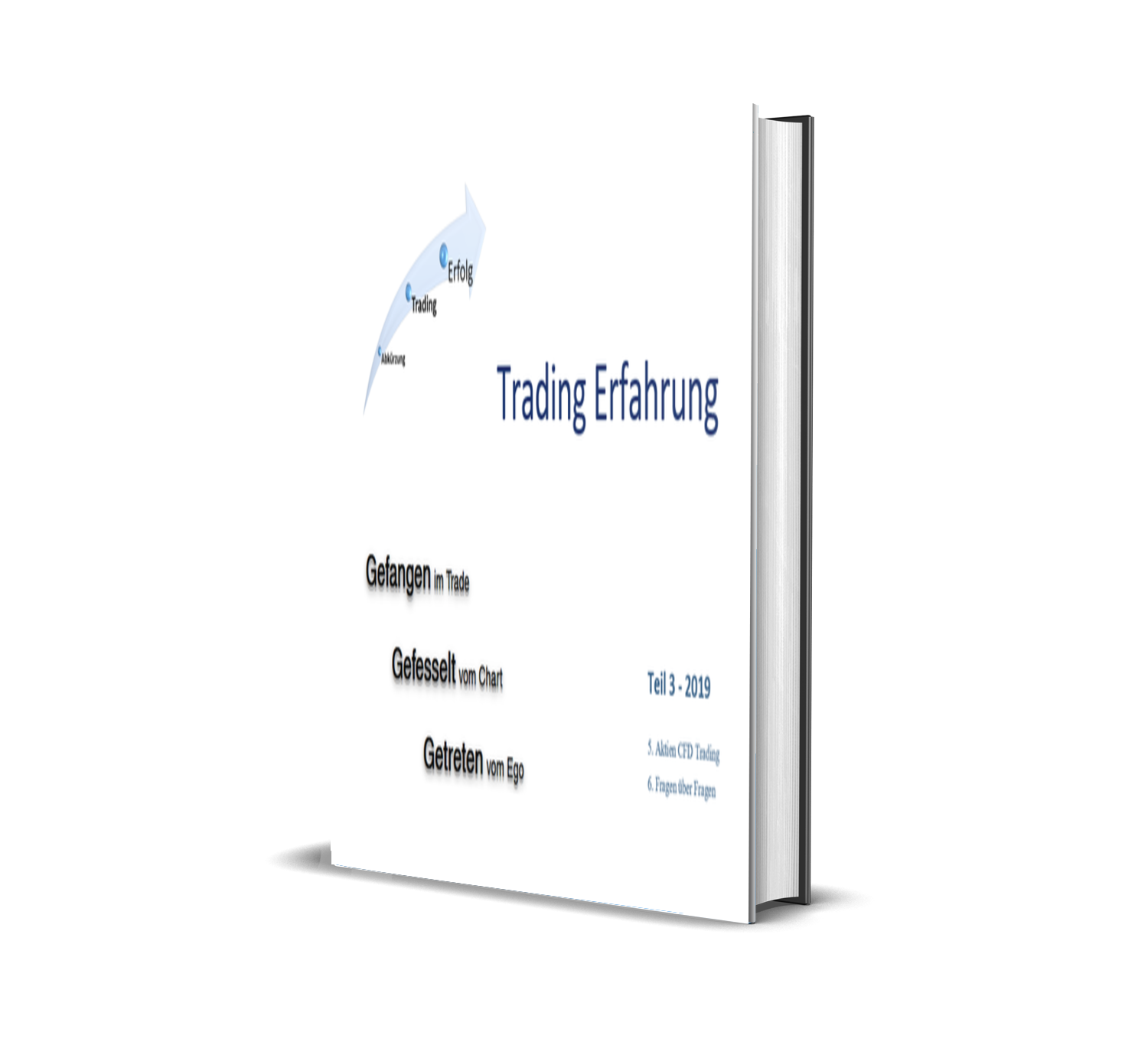 Buchcover mit Titel 'Trading Erfahrung', Untertitel 'Gefangen im Trade, Gefesselt vom Chart, Getroffen vom Ego', Teil 3 - 2019, von S. Akin CFP Trading, mit Diagramm und Text in Deutsch.