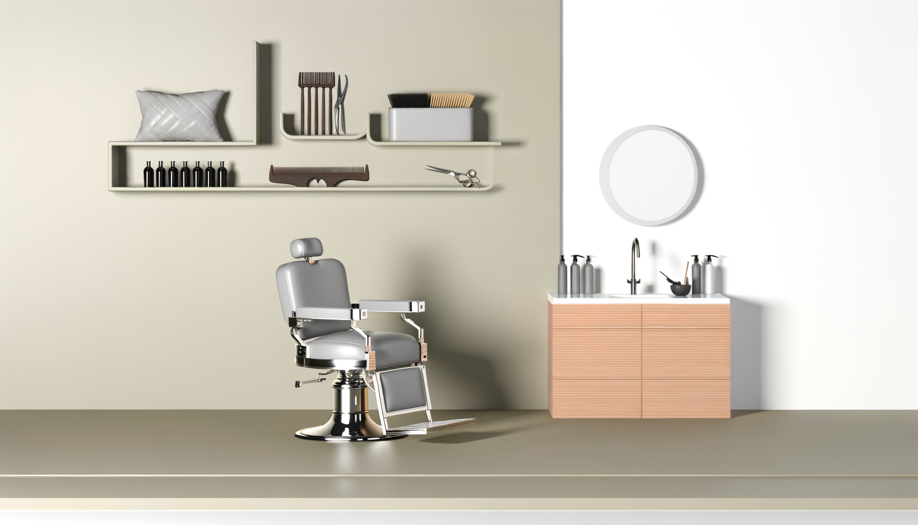 Barber shop interior with chair, shelves with grooming tools, sink, and mirror.
