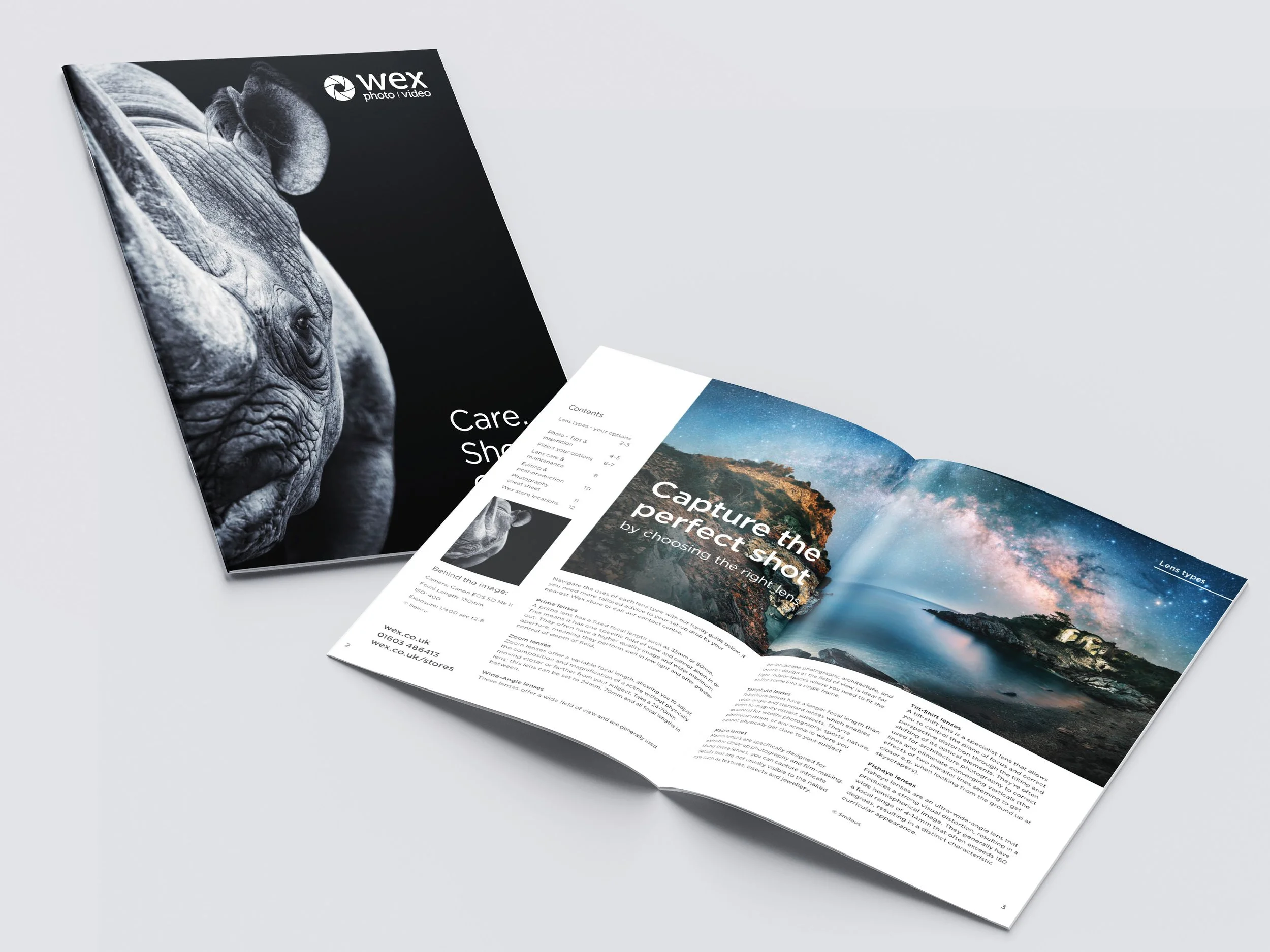 Open photography brochure with images of a rhino and a starry sky over a landscape.