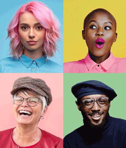 Collage of four diverse joyful people, each with different backgrounds and styles, smiling and showing expressions of happiness.