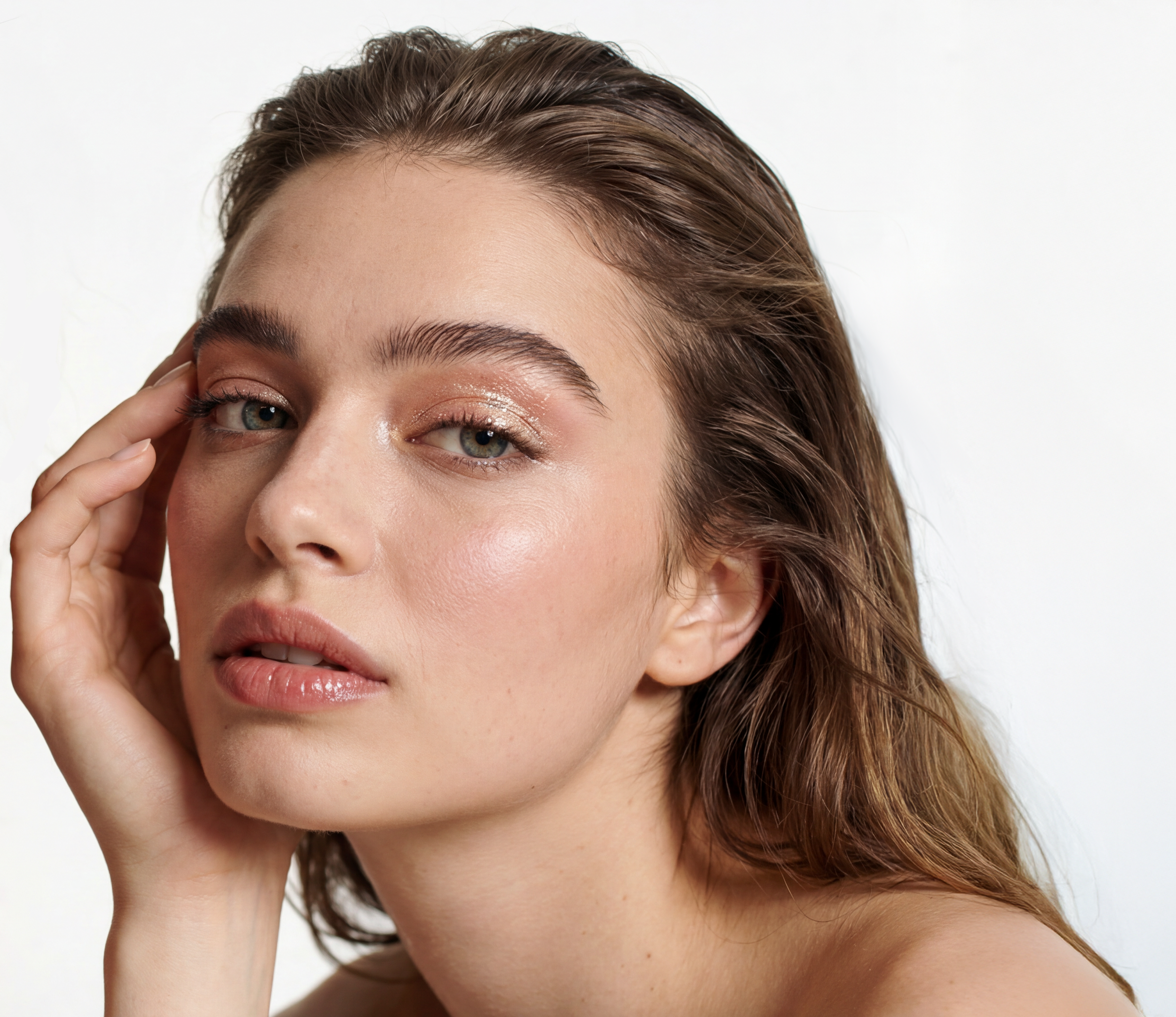 Close-up of a woman with brown hair, blue eyes, and natural makeup, gently touching her cheek with her fingers, against a white background.