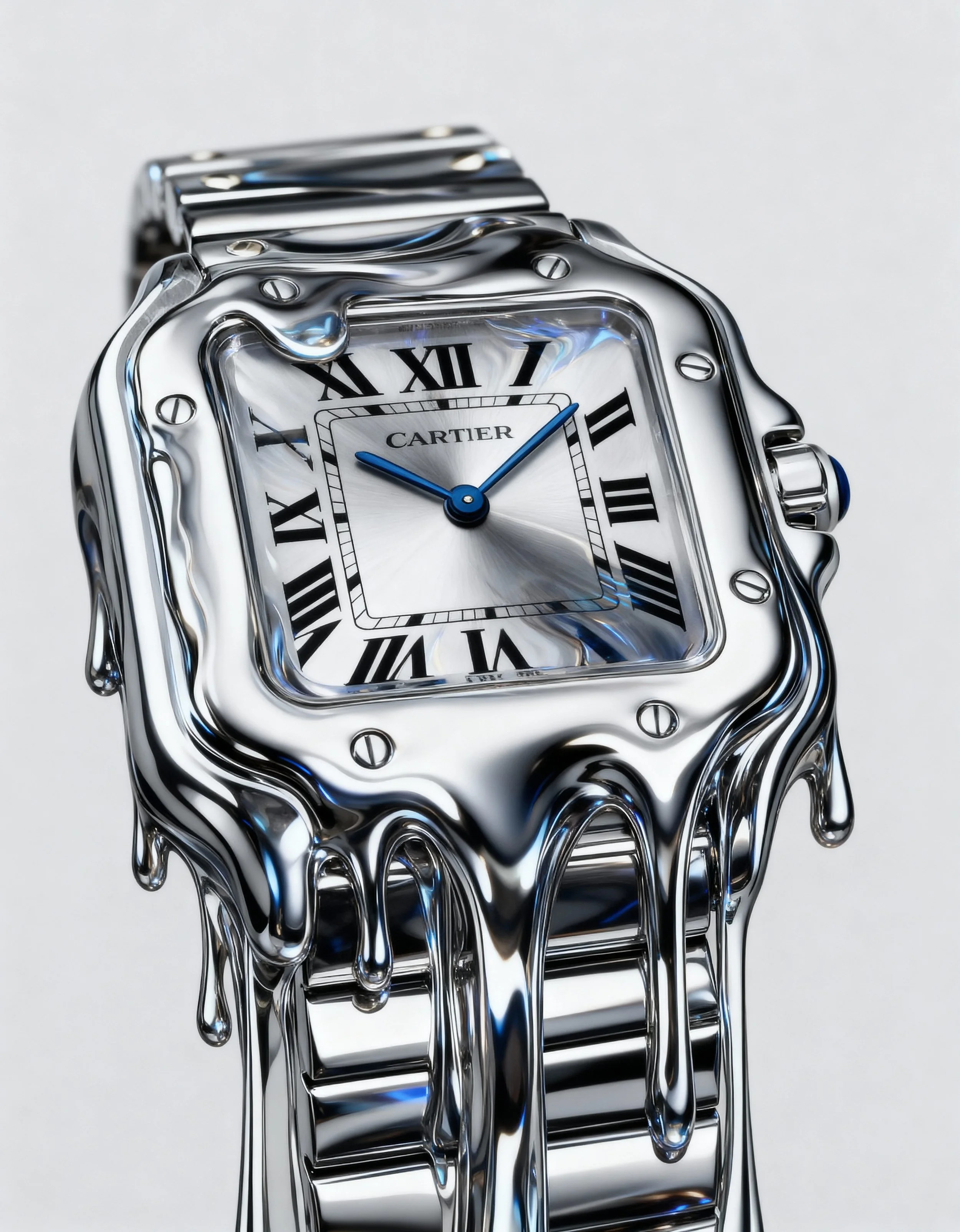 A silver Cartier wristwatch with a square face, Roman numerals, and blue hands, surrounded by a shiny, wavy metal band.
