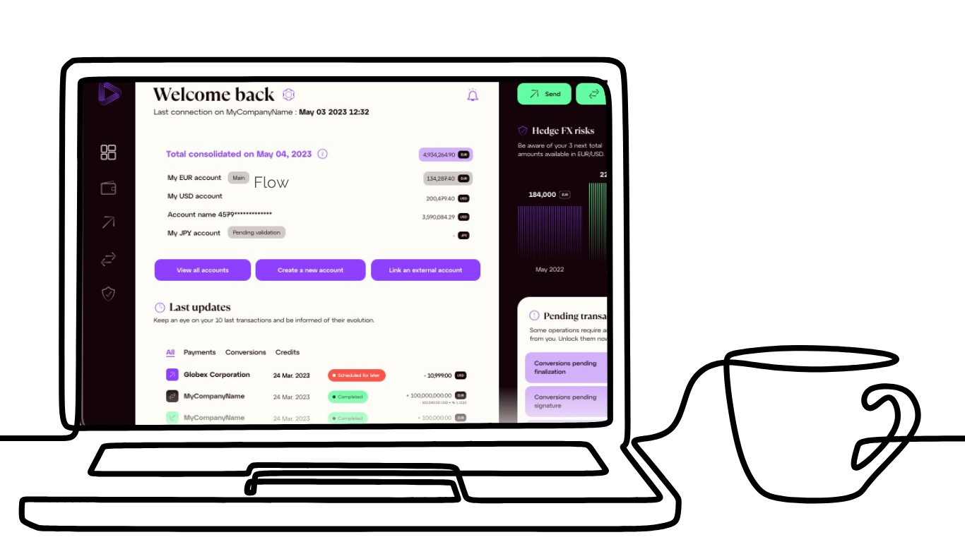 Capture d'écran d'un tableau de bord de gestion de comptes en ligne, affichant, entre autres, le solde de comptes en EUR, USD, JPY avec des boutons pour voir tous les comptes, créer un nouveau compte, et lier un compte externe, ainsi que des sections pour les mises à jour et les transactions en attente.