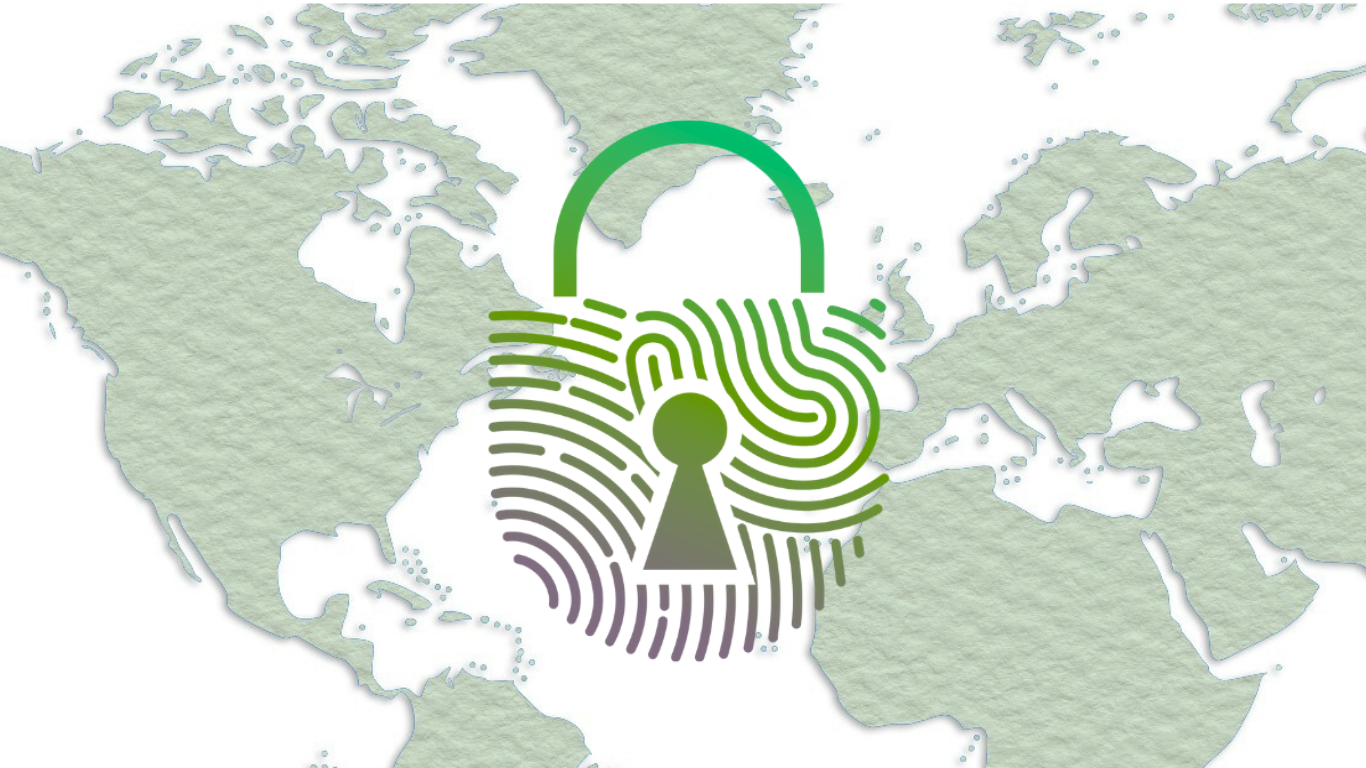Carte du monde avec un cadenas et une empreinte digitale en superposition, symbolisant la sécurité et la confidentialité des données.