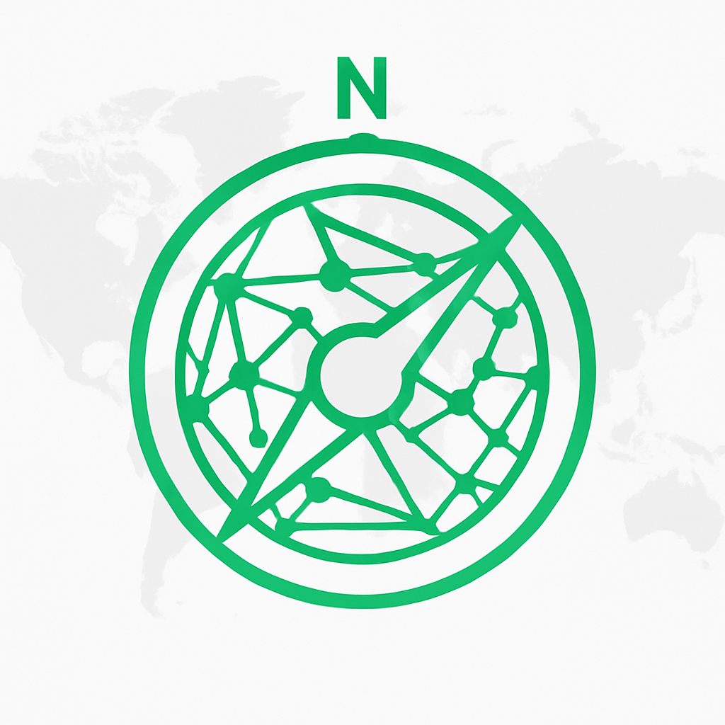 Une boussole verte stylisée avec un fond de carte du monde en gris clair.