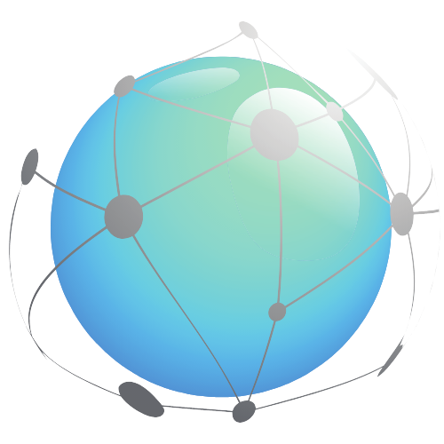 Un globe terrestre stylisé avec des lignes reliant différents points, représentant un réseau mondial.