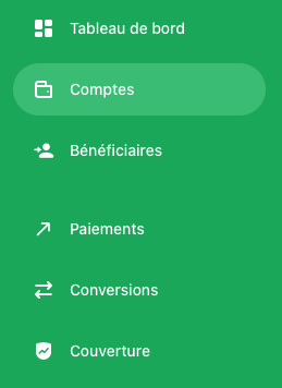 Menu de navigation avec sections : Tableau de bord, Comptes, Bénéficiaires, Paiements, Conversions, Couverture.