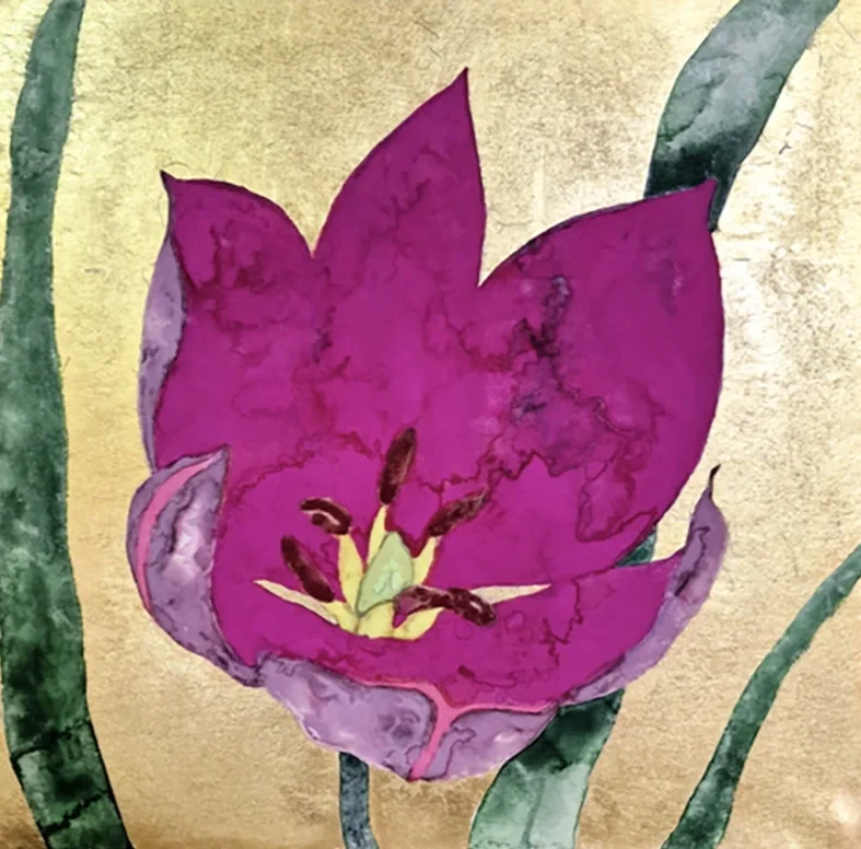 Ink and pigment on gold leaf of a wildflower by Timothy Betjeman