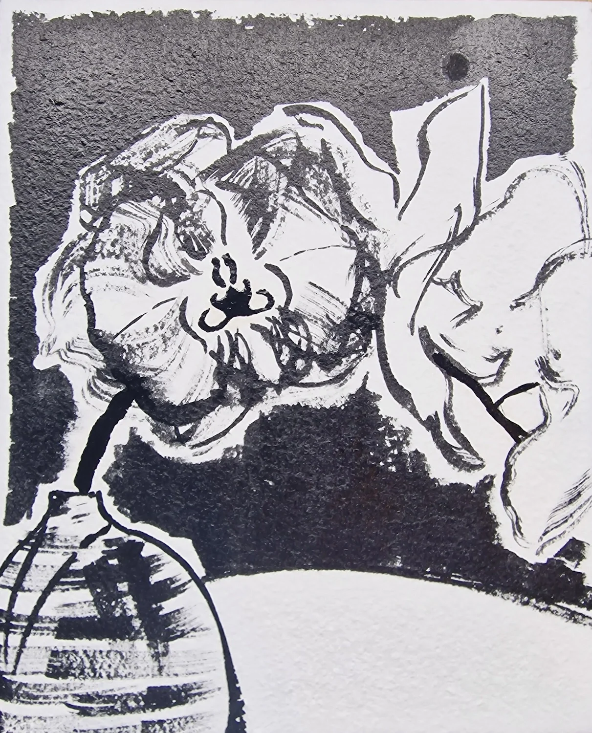 Ink on paper of an orchid in a vase by artist Timothy Betjeman