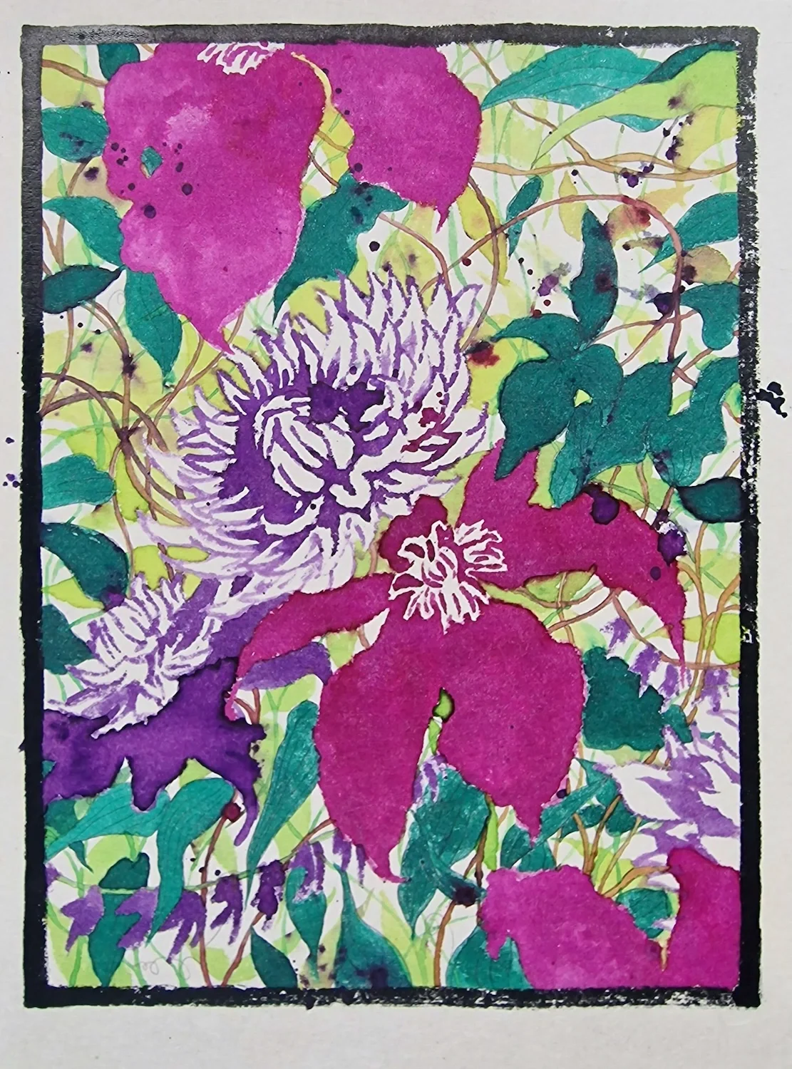 Ink on paper of a passionflower and clematis by artist Timothy Betjeman