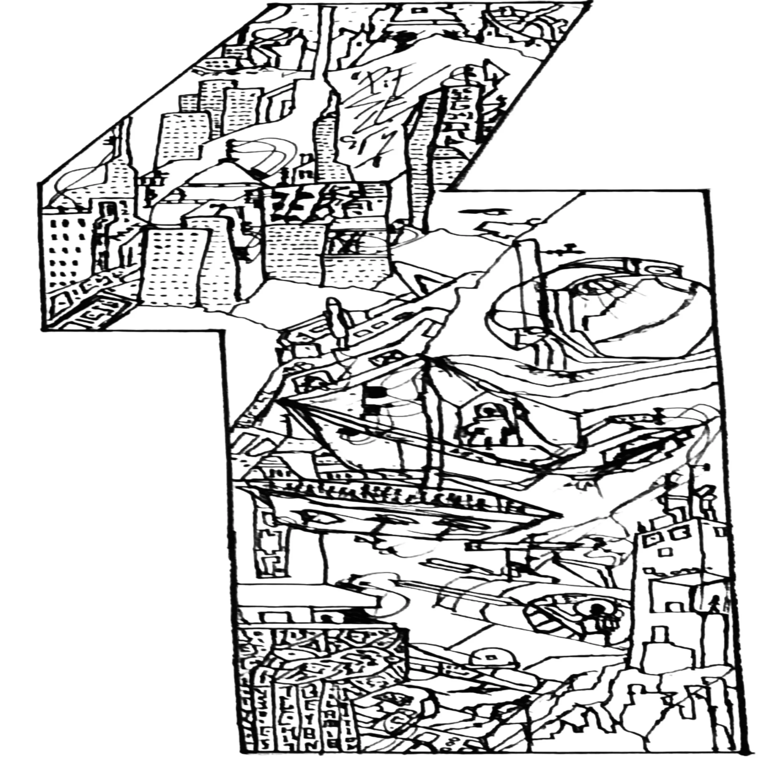 Un disegno in stile line art di un tavolo con varie decorazioni e dettagli intricati, tra cui figure umane, simboli e motivi geometrici, tutto rappresentato in modo schematico e stilizzato.
