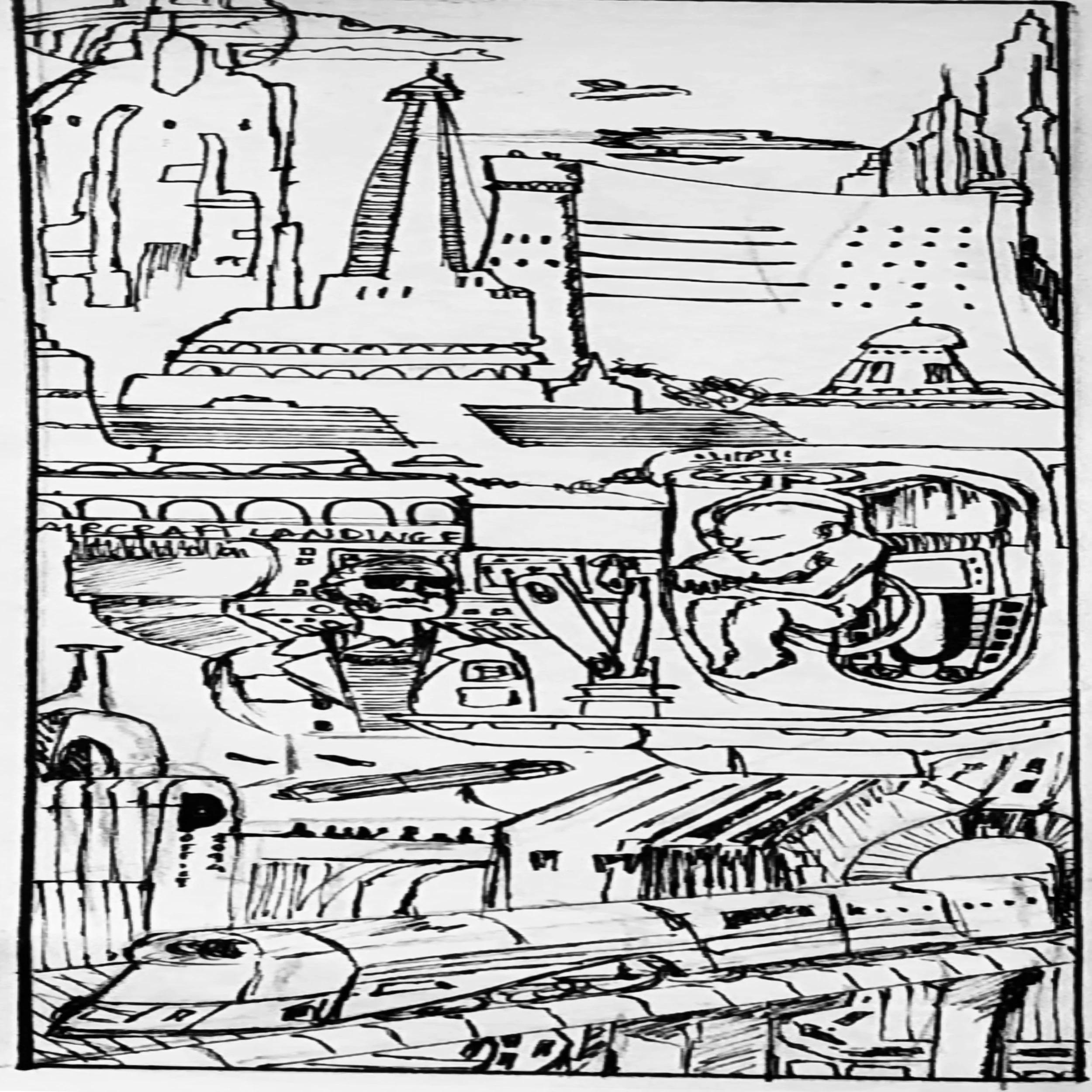 Disegno stilizzato di un paesaggio urbano con edifici, una torre con un puntale, montagne sullo sfondo e una strada con alcune auto.