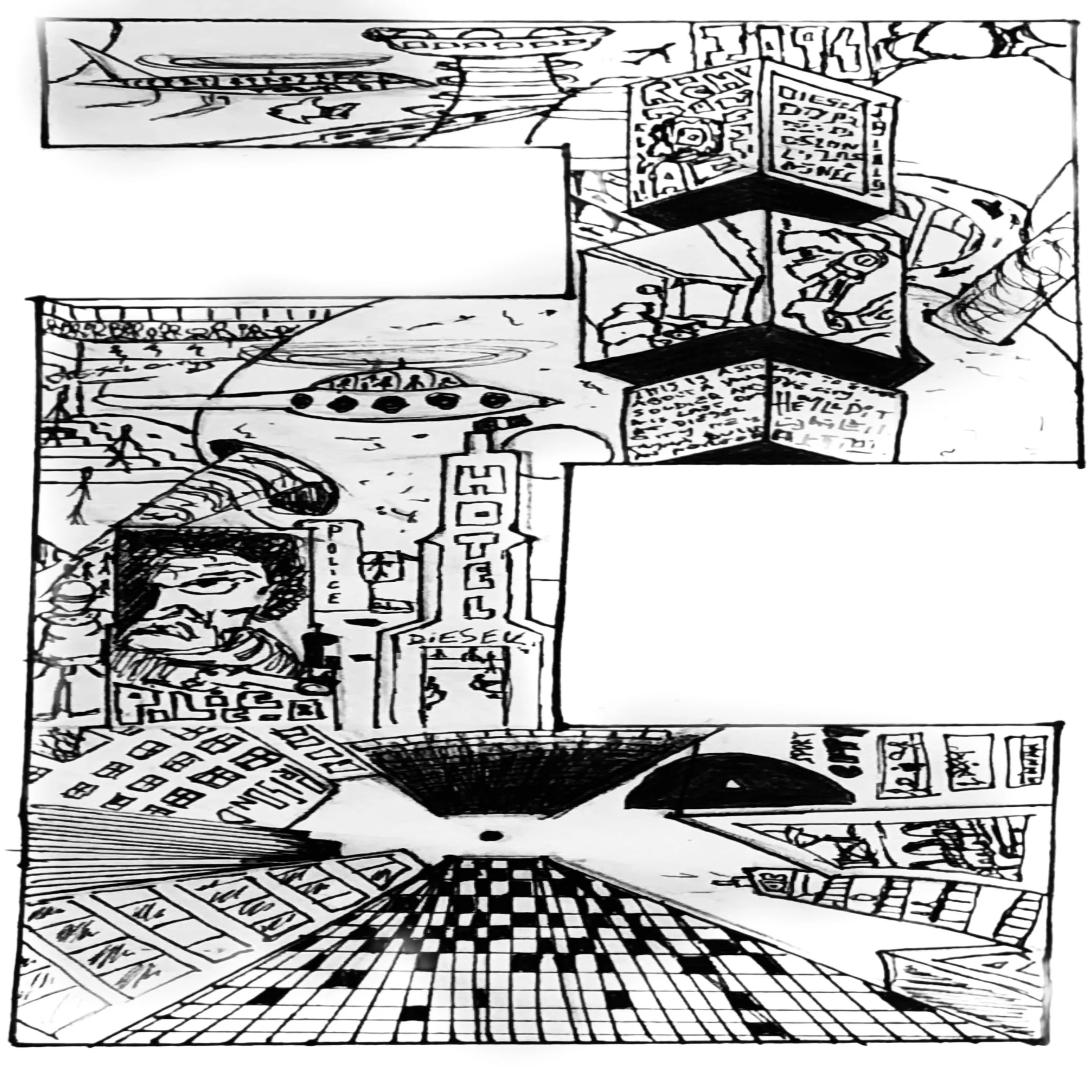 Un disegno in bianco e nero che rappresenta un'illustrazione complessa di una stanza con molte scatole, scritte e simboli. La scena include anche figure umane e dettagli architettonici come scale e strutture geometriche.