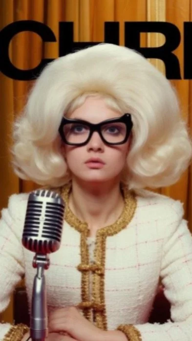 Una persona con un enorme cappello bianco, occhiali neri e capelli biondi, seduta davanti a un microfono, con uno sfondo con curtain dorato e la parola 'CHUR' in grande.