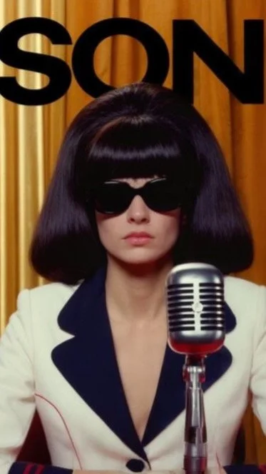 Una donna con capelli neri e taglio a caschetto, indossa occhiali da sole grandi, un completo bianco con dettagli blu e aspetta di parlare al microfono in un ambiente con pareti di legno.