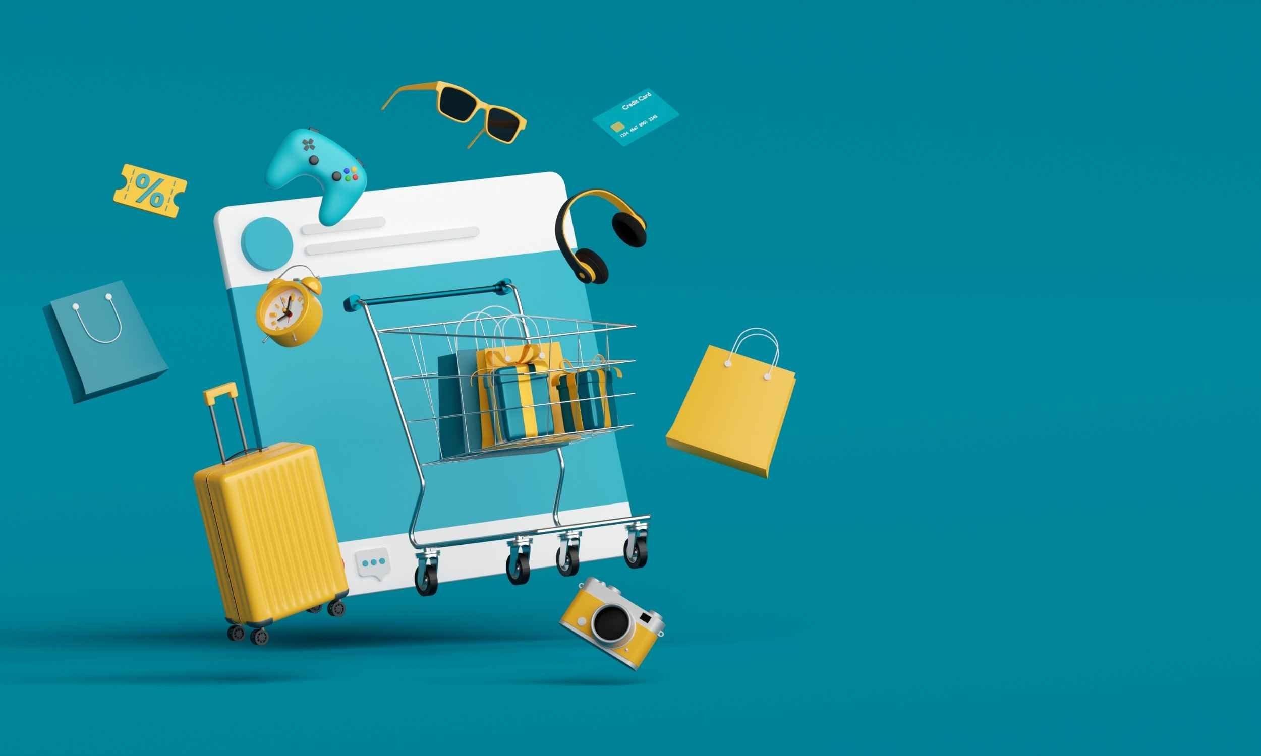 Illustration of an online shopping cart, suitcase and gift bags on a teal background representing peak season Google Shopping feed optimisation.