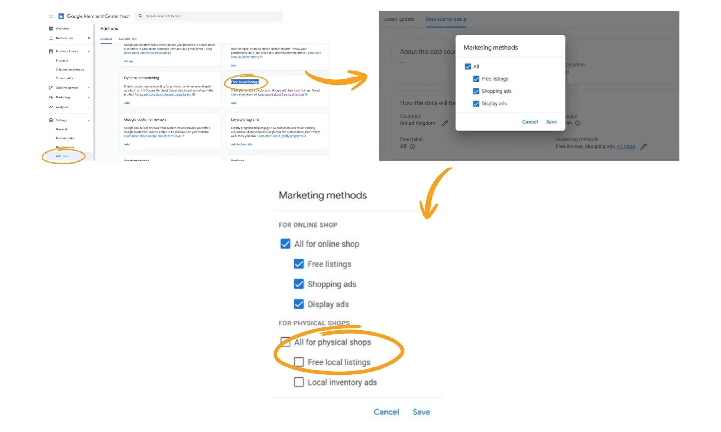 Google Merchant Center settings showing Free local listings enabled for physical shops