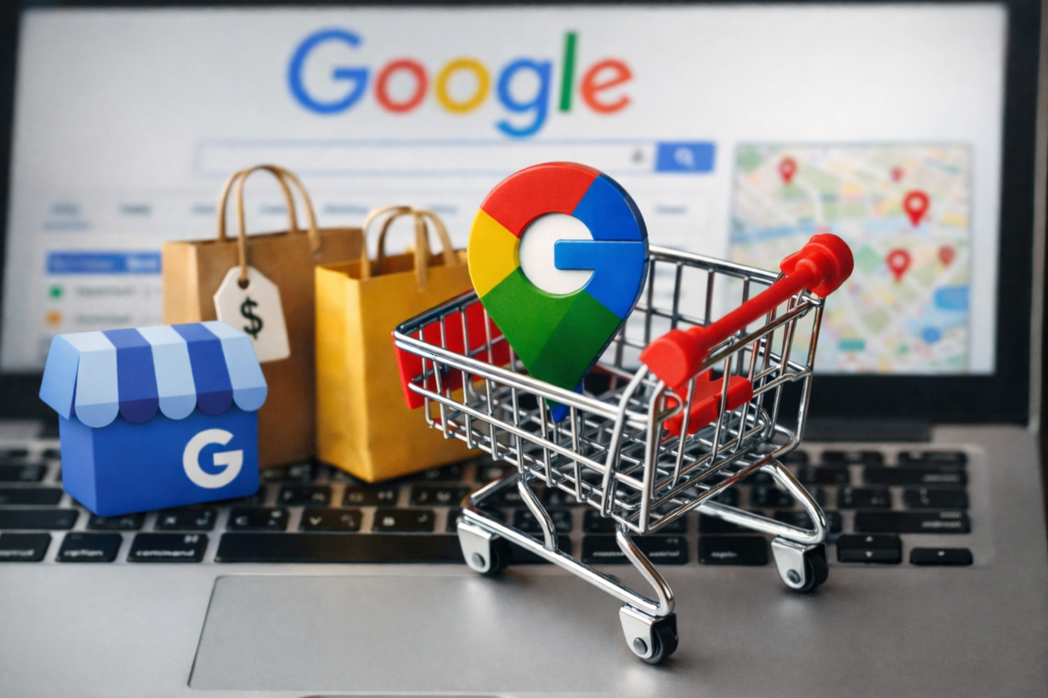 Shopping cart with Google and store icons representing free local listings and online visibility