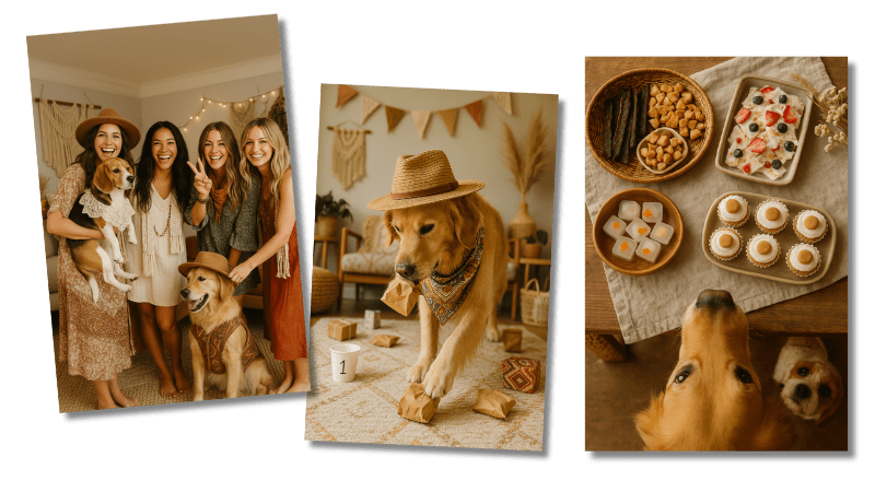 Photo of four women with two Golden Retrievers celebrating indoors, with party decorations. The dogs are wearing hats, one with a bandana. A nearby table has a variety of desserts and snacks, including cupcakes, fruit-topped yogurt, and candies, with one dog looking up at the table.
