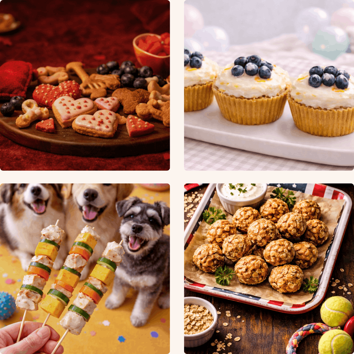 collage of dog party food, snacks, skewers, cupcakes, meatballs