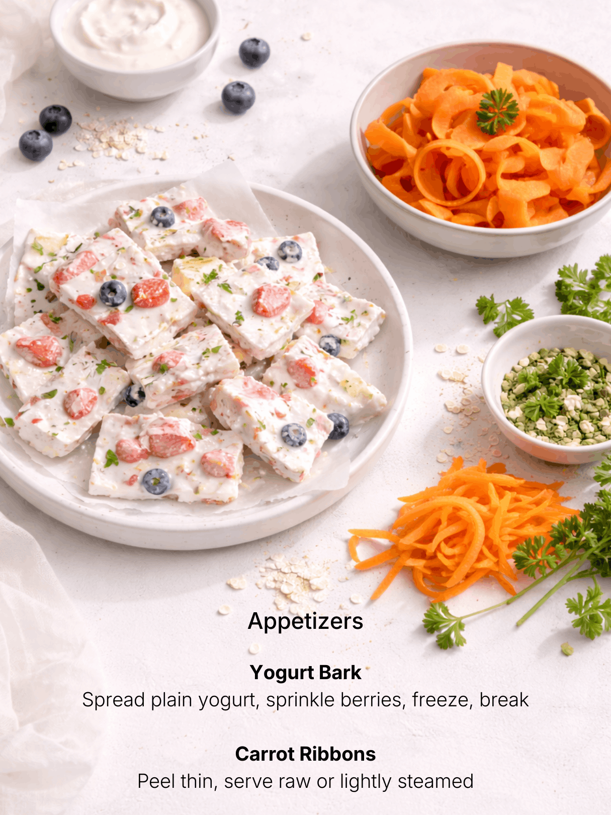 Recipe for dog party appetizers, yogurt bark and carrot ribbons