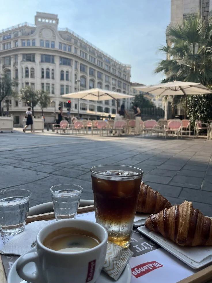 Croissant, morning coffee, iced coffee