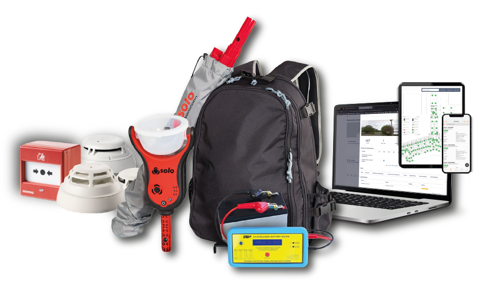 Laptop showing testing results and detailed asset data, SOLO365 fire testing kit, ACT612 battery tester, FDM225 manual call point, OOH740 ASA detector.