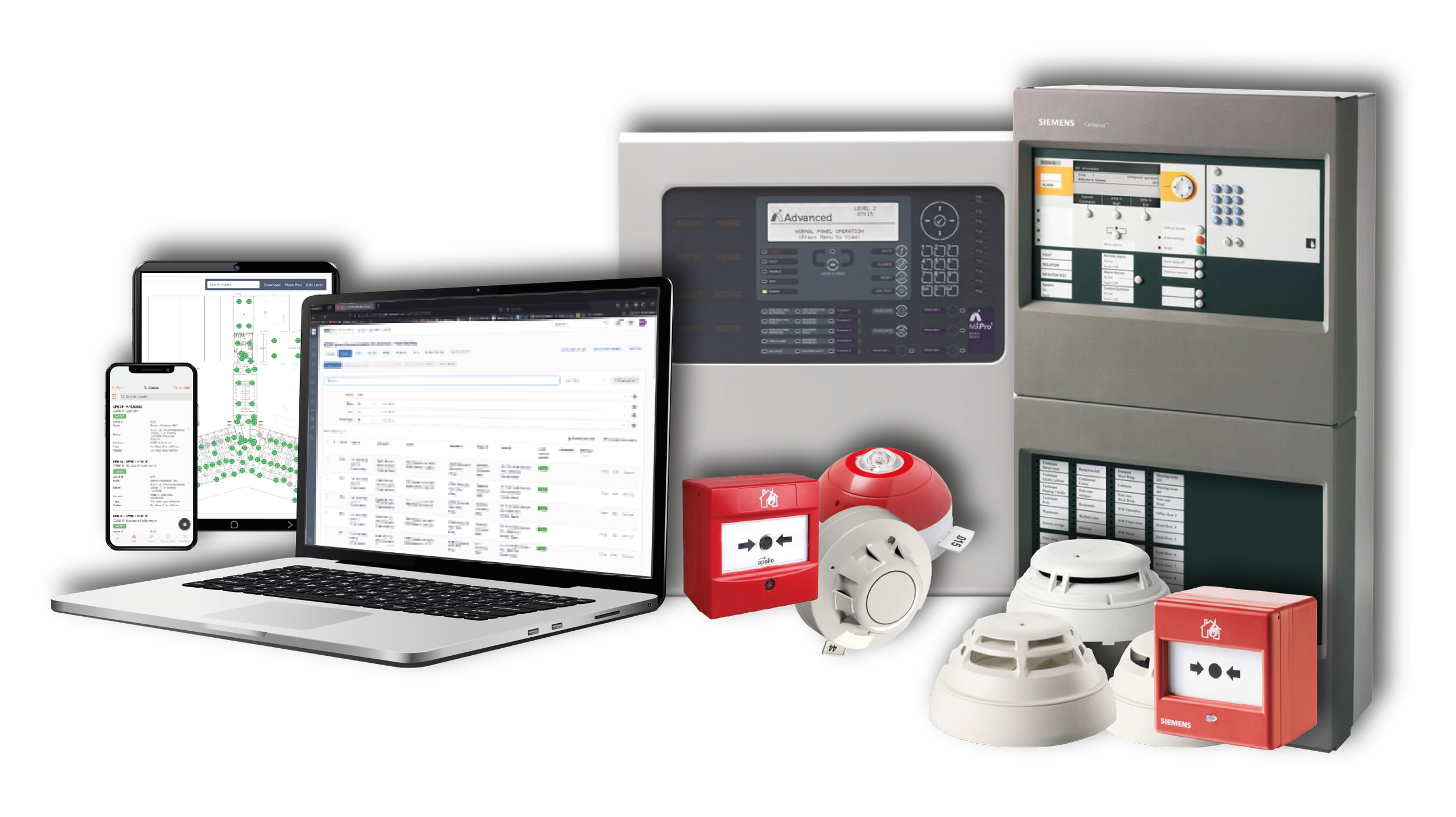Siemens Cerberus PRO FC724 fire alarm panel, Advanced fire alarm panel, laptop showing client portal, asset data and interactive floor plans.