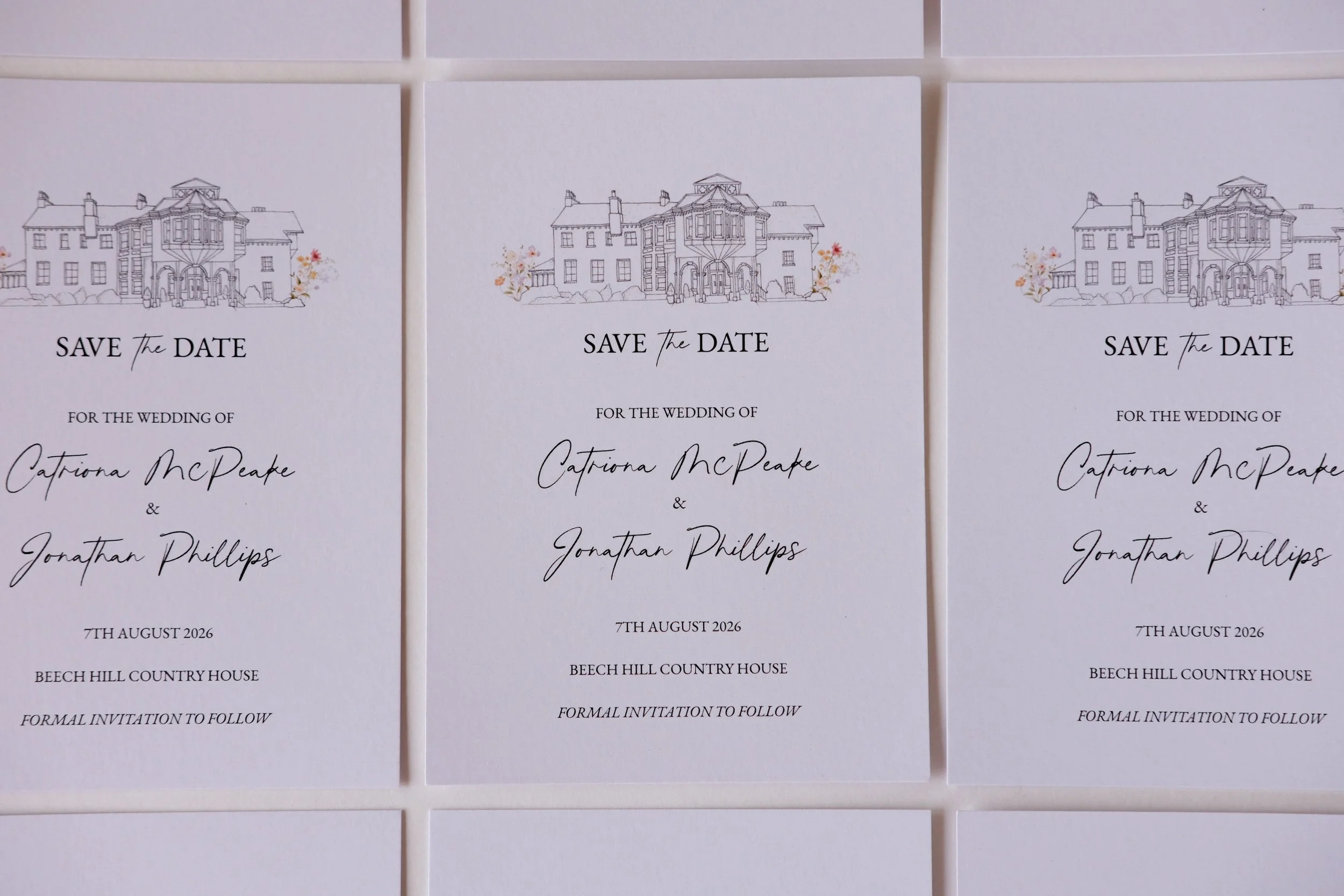 Save the date cards with custom venue illustration, script font and minimal design. 