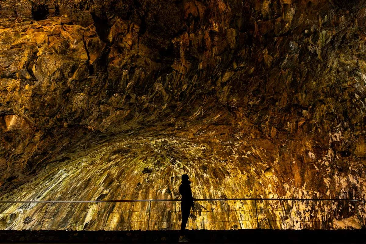 A person standing inside a large, illuminated cave with a rocky, textured ceiling and walls, with a safety railing in the foreground.