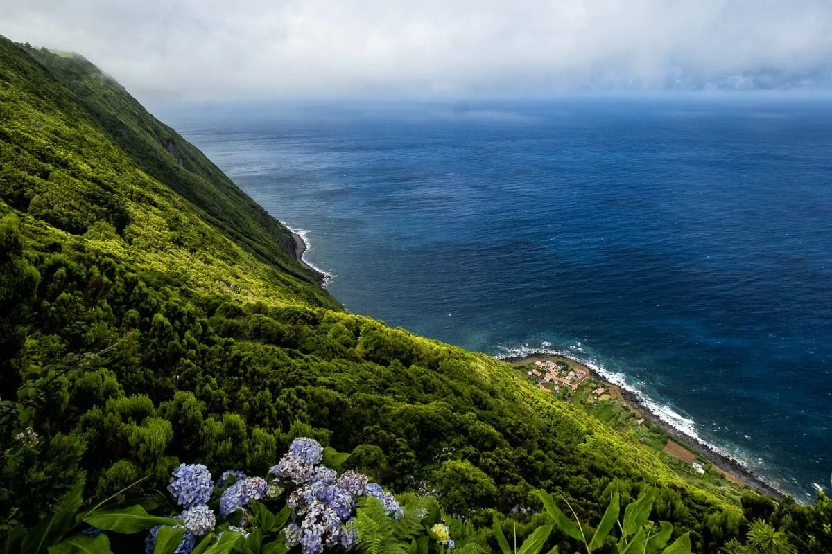 A lush green hillside slopes down to the ocean, with a small village near the coast and a patchwork of farmland. The ocean is blue with gentle waves, and there are clouds in the sky.