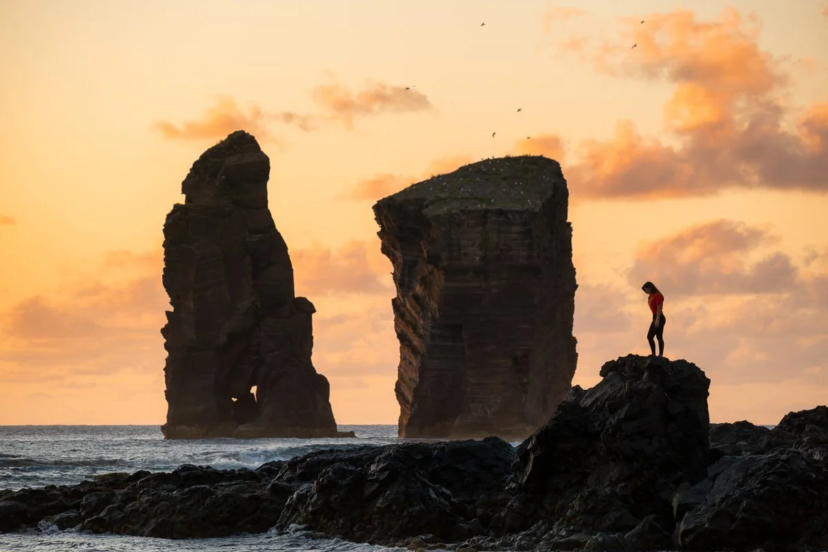 A person standing on a large black rock on the beach at sunset, with two large sea stacks in the background and birds flying in the sky.