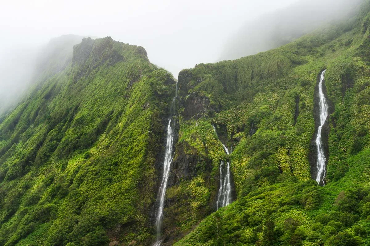 Lush green mountain slope with multiple small waterfalls cascading down, partially covered in fog.