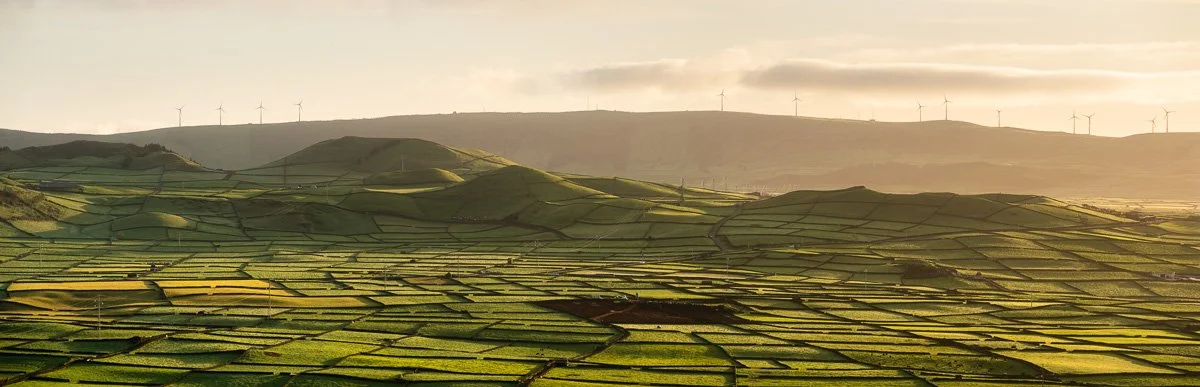 Sunset illuminating a patchwork of green agricultural fields on rolling hills with wind turbines on the distant ridge.