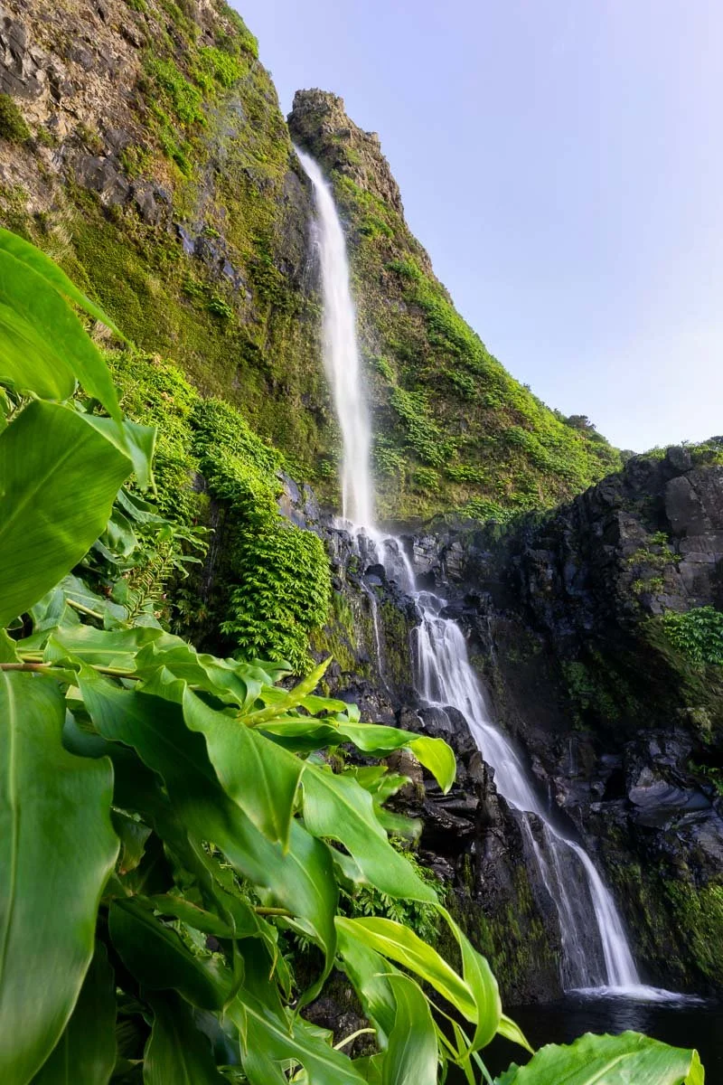 A tall, narrow waterfall cascading down a lush, green mountainside with vibrant foliage in the foreground and a clear blue sky in the background.