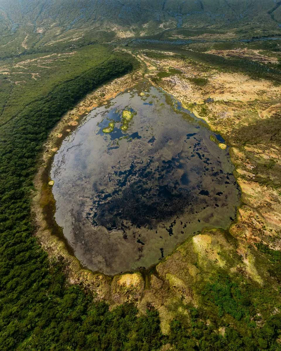 Aerial view of a volcanic crater lake with dark water, surrounded by green forest and patches of bare earth.