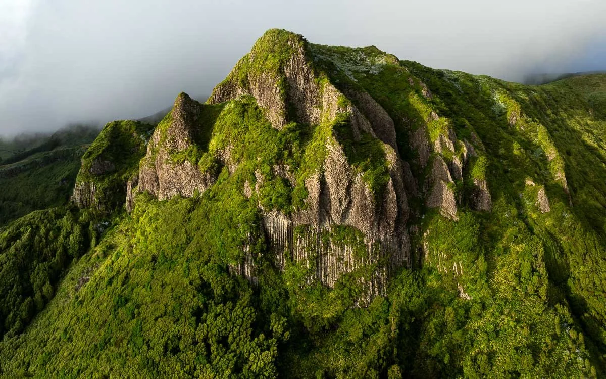A lush, green mountain covered with moss and trees, with steep rocky cliffs, under a cloudy sky.